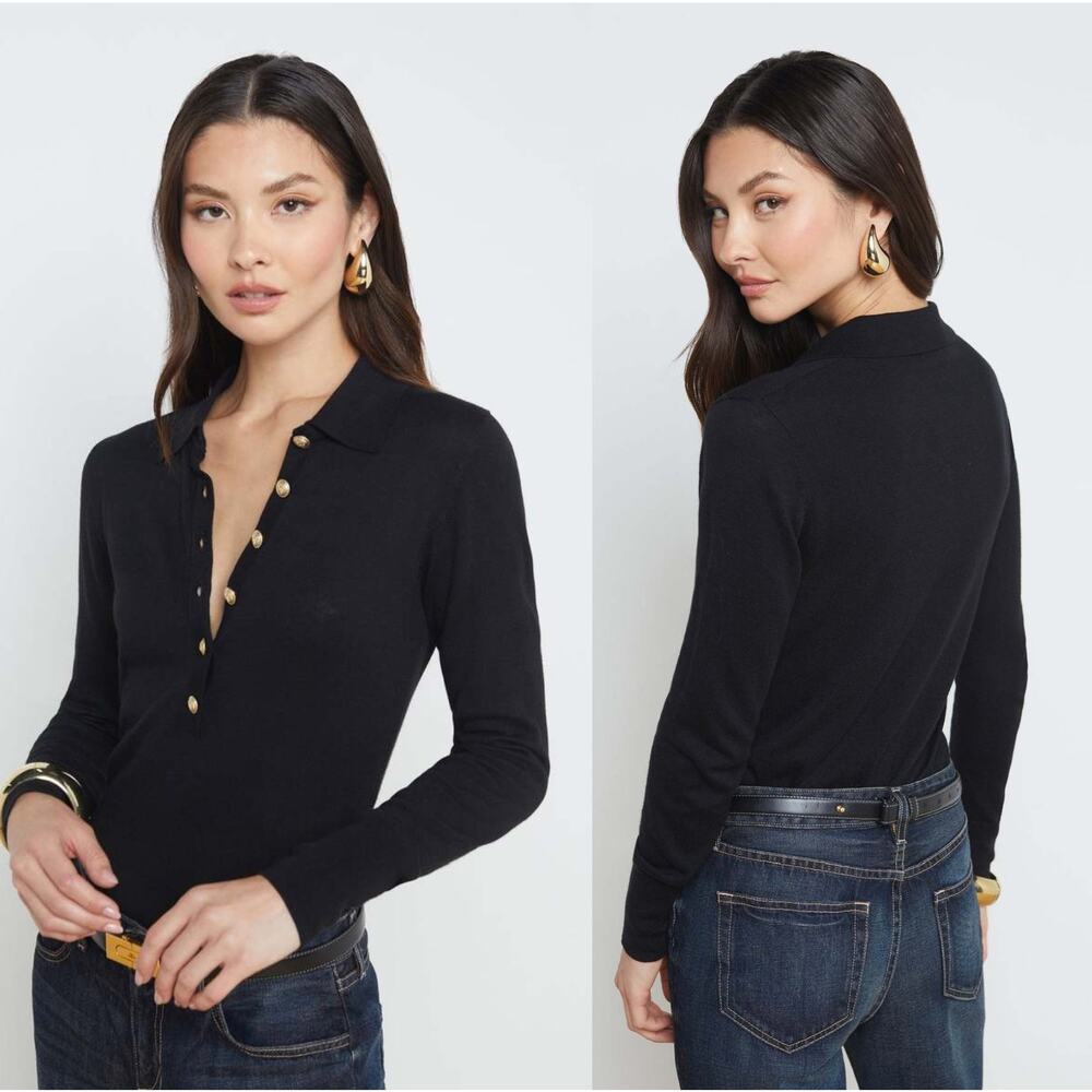 NEW L'agence Sterling Collared Pullover Henley Slim Fit Sweater Black Size: XL